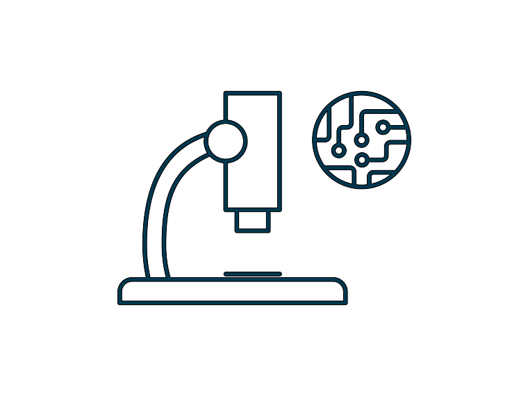 linear graphic of a microscope and a cutout of a printed circuit board, blue on white background