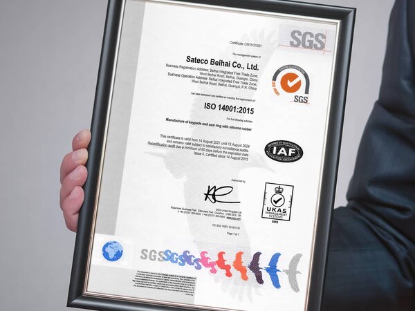 Close-up of certificate ISO 14001:20215 in a picture frame