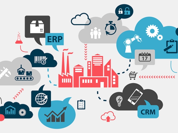 animated graphic visualising the connection of ERP, CRM, enterprise and environment