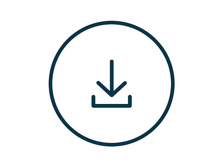runder Icon "Downloads " mit dunkelblauem Pfeil auf dunkelgrauem Grund