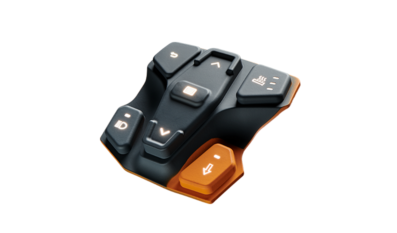 unsere Lösungen für Industrie und Schwertransport orange- schwarze Silikonschaltmatte als Beispiel für Hinterleuchtung und Oberflächen mit Einsatzbereich Bedienfeld